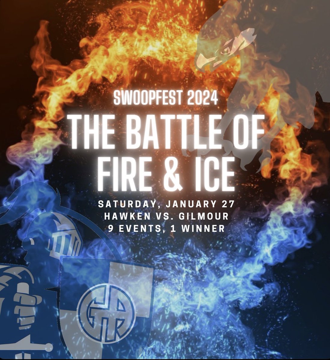 We are 10 days away from Swoopfest 2024: The Battle of Fire &amp; Ice. On Sat, Jan 27, join us for 8 contests and a donation drive for Front Steps. One community will hold the trophy! Hawken🔥vs <a href="/GALancerAD/">Gilmour Athletics</a> ❄️@hawkenschool <a href="/MasteryHawken/">The Mastery School of Hawken</a> <a href="/hawkenboyshoops/">Hawken Boys Basketball</a> <a href="/HawkenHoops/">Hawken Basketball</a> <a href="/HawkenSwimDive/">Hawken Swim and Dive</a>