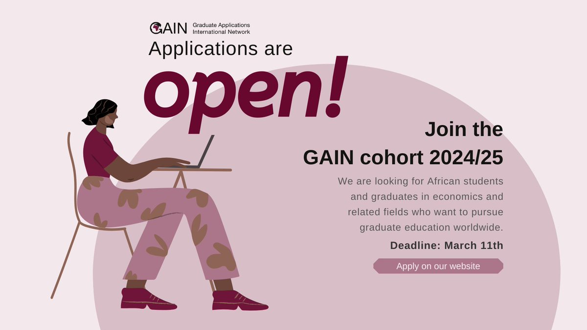 Applications are open for the 2024 GAIN program! Information sharing, mentoring, and financial support for African students interested in graduate school in economics and related fields. ➡️ Apply here: gain-network.net/participants 🗓️ Deadline: March 11th Please share widely!