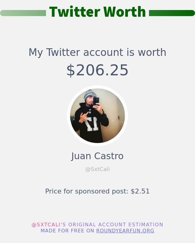 SxtCali's tweet photo. My Twitter worth is: $206.25

➡️ https://t.co/EDpD72I1Fl https://t.co/UH13ScoAwg