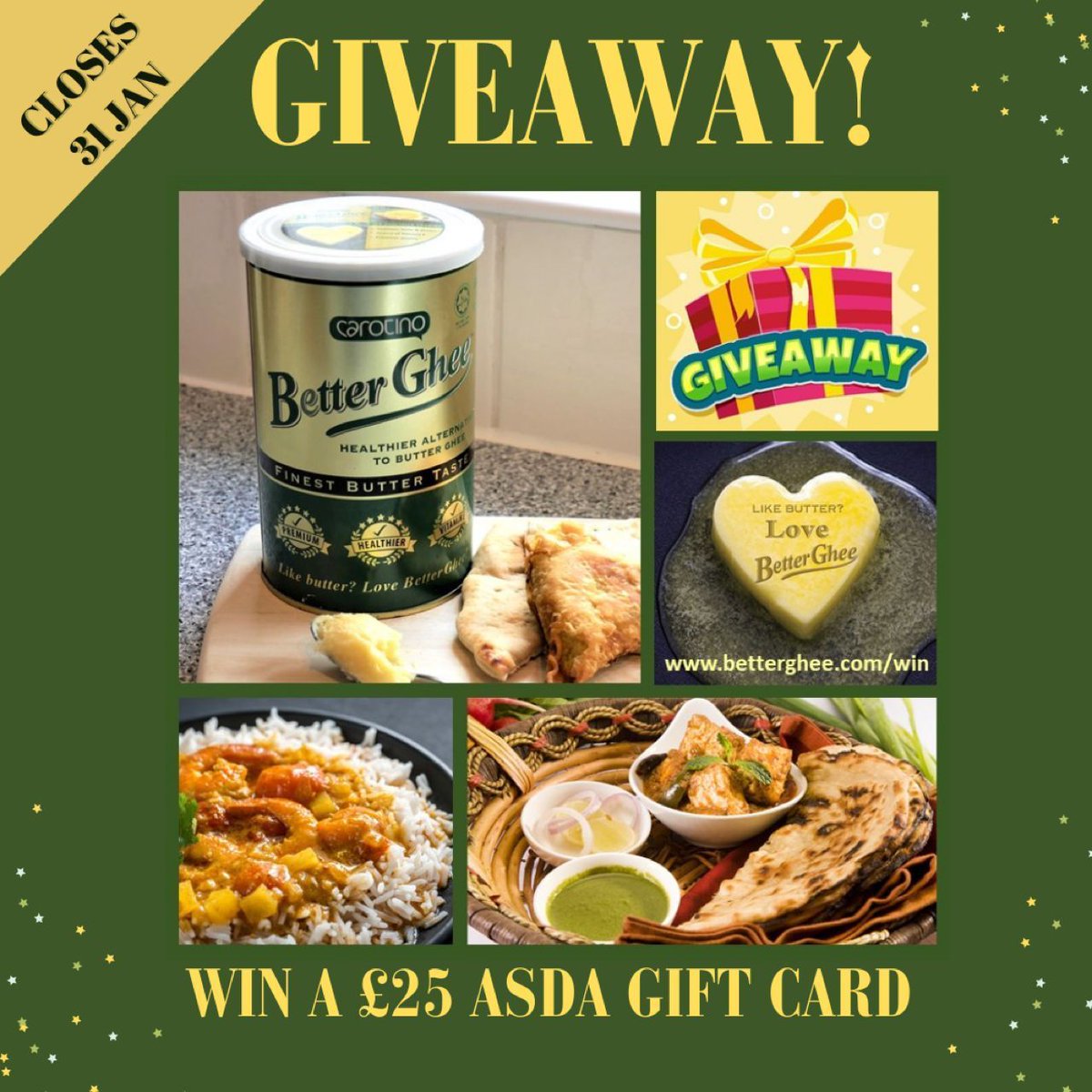 Just two weeks left to enter our closing #competition to #win a £25 Asda gift card with delicious, cholesterol-free Carotino BetterGhee, the healthier alternative to pure butter ghee. Perfect for making tasty Indian food! Ends 31 Jan #prizedraw #giveaway #competitionalert #prize