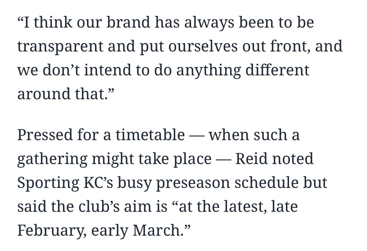 jcmack03's tweet photo. It appears:

1) #SportingKC are destined to repeat the same mistakes of the Thorns and Timbers. A Q&amp;A simply does not do anything.

and

2) They are in no rush to even do the Q&amp;A. It will be months. They’re almost certainly hoping the backlash goes away before then. https://t.co/xV9FcP1KJx