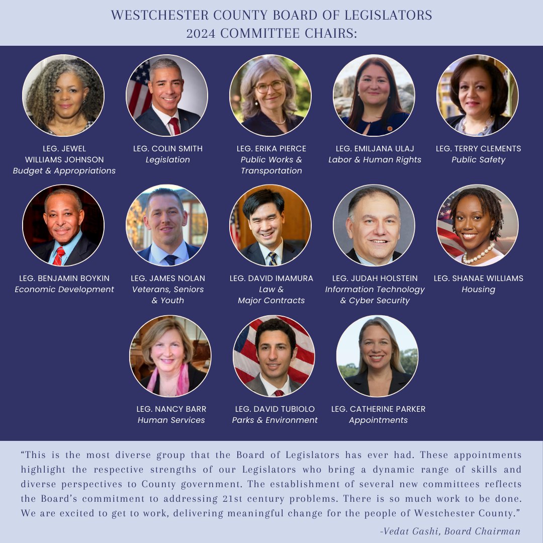 westchesterBOL's tweet photo. The Westchester County Board of Legislators Announces Committee Chairs for the 2024-2025 Term.
#WCBOL #2024 #WestchesterCounty #NewYork https://t.co/zyHXFcUqWn