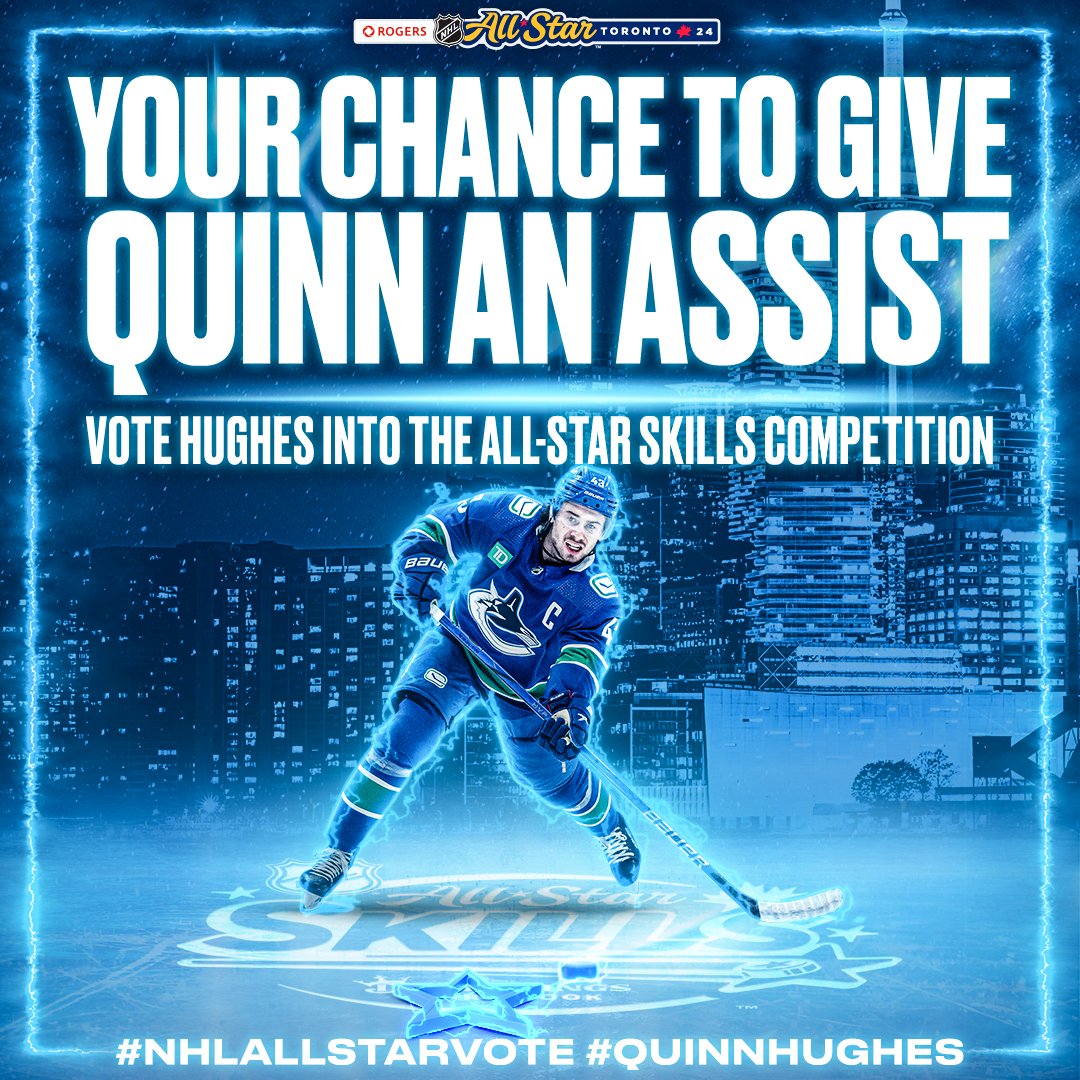 Canucks's tweet image. Give Quinn Hughes an assist and get him to the top of the #NHLAllStar Skills Competition ballot!
 
#NHLAllStarVote Quinn Hughes
 
✨1 RT = 1 VOTE✨
 
Plus, vote at NHL.com/vote.
