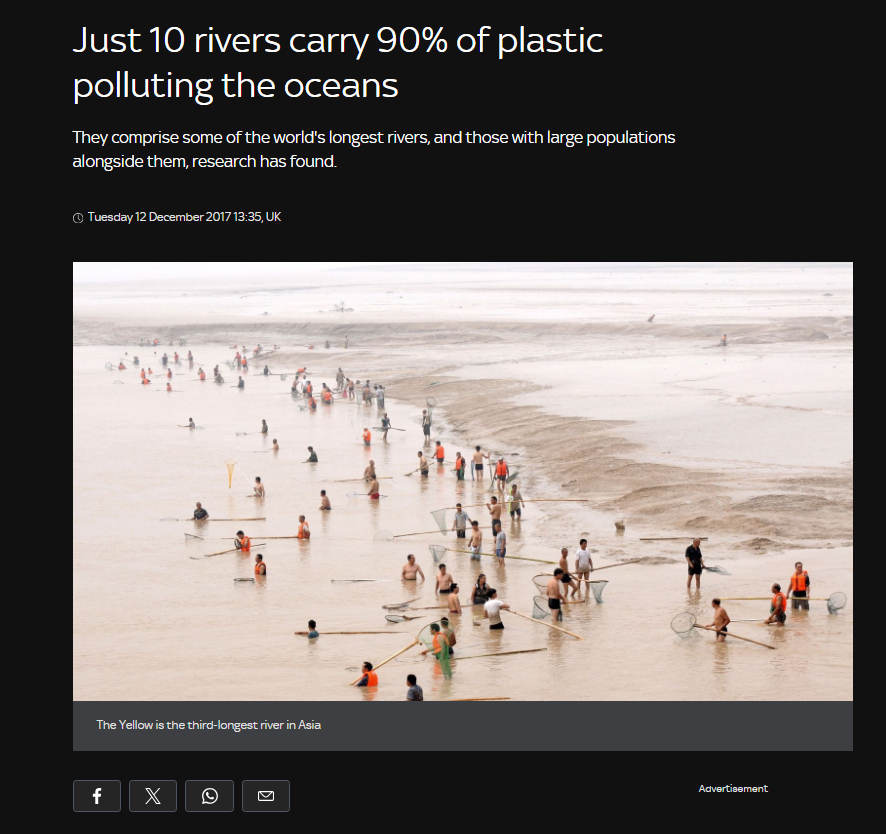 10 rivers, all in Asia and Africa, contribute 90% of all plastic to the world's oceans. It's funny how the people telling us we have to "clean up our mess" never focus on the fact that the vast majority of it isn't our mess.