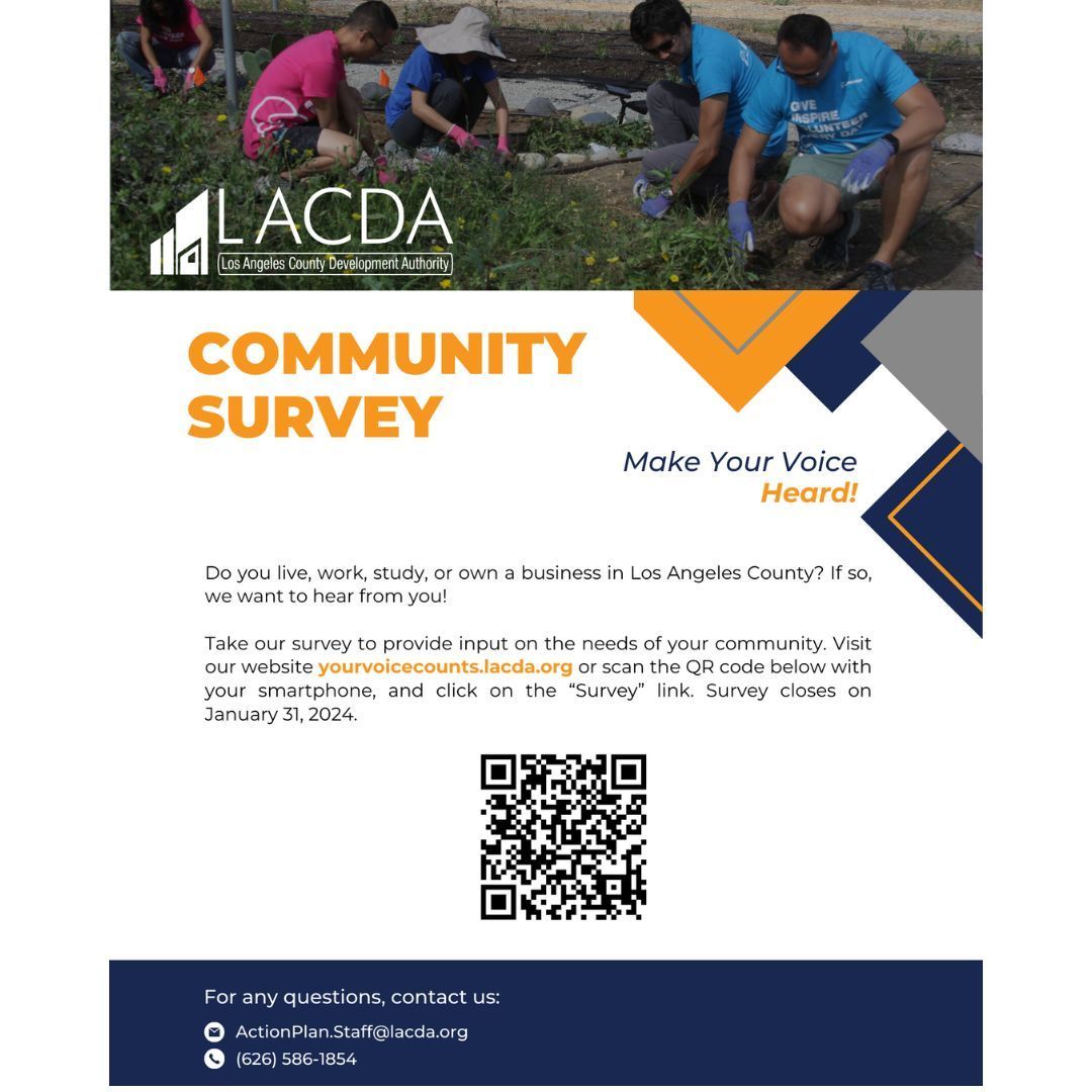 hrc_la's tweet image. #LACounty residents! Complete The County of Los Angeles Community Survey by 1/31/2024 to ensure that FY 24-25 funding is correctly allocated. Don&apos;t delay; take action now to make your voice heard! Fill out the survey at yourvoicecounts.lacda.org #LACunty #LACDA