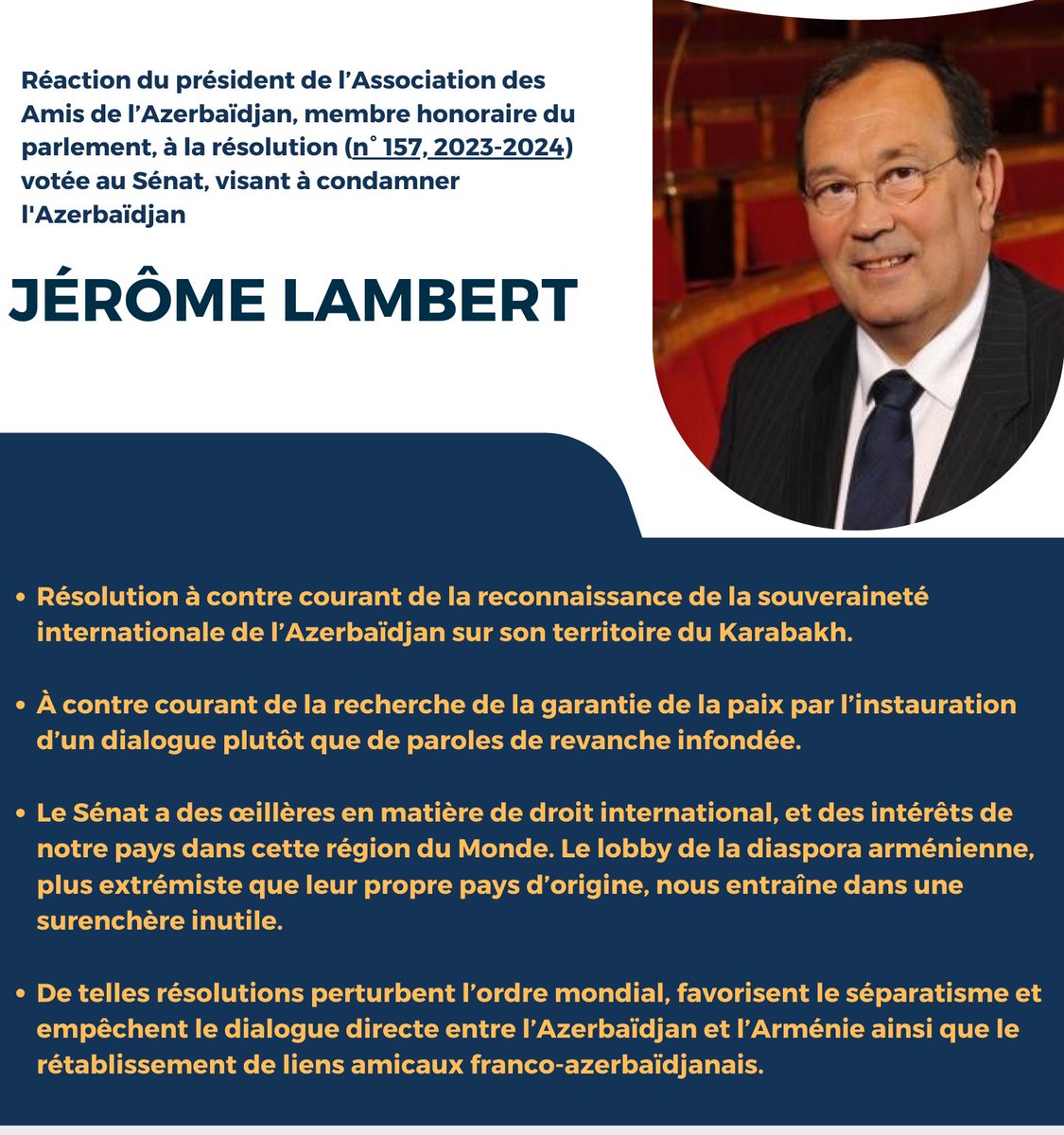 Réaction du président de l’AAA J. Lambert à la résolution votée au <a href="/Senat/">Sénat</a> visant l’🇦🇿
«De telles résolutions perturbent l’ordre mondial,favorisent le séparatisme et empêchent le dialogue directe entre l’#Azerbaïdjan et l’#Arménie ainsi que le  rétablissement de liens amicaux🇦🇿🇫🇷»