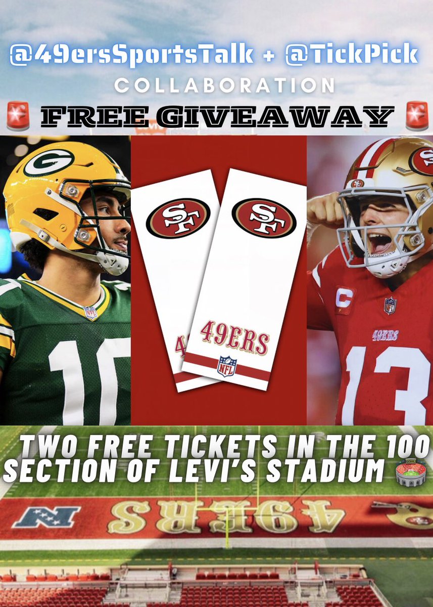 🚨𝐓𝐖𝐎 𝐅𝐑𝐄𝐄 𝐓𝐈𝐂𝐊𝐄𝐓𝐒 𝐆𝐈𝐕𝐄𝐖𝐀𝐘🚨 We are giving away TWO TICKETS to the #Packers Vs #49ers playoff game at Levi’s Stadium. How to enter: 1.) Must follow BOTH @49ersSportsTalk & @TickPick! 2.) RT & Like This Post 3.) Reply with your team: #Niners or #Packers