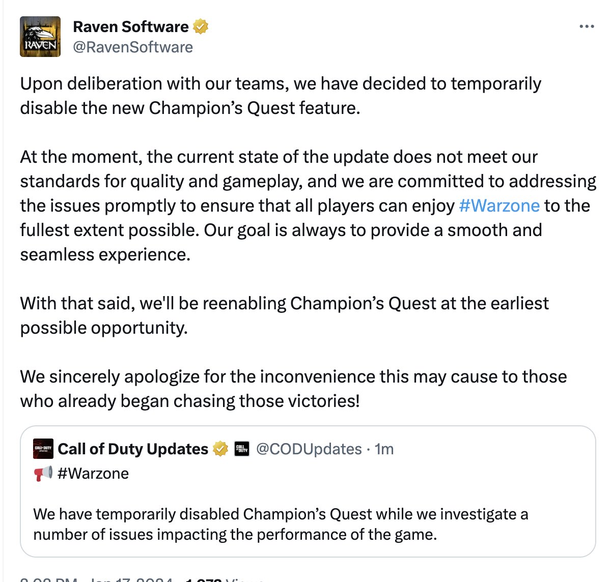 Raven Software issues a statement on today’s broken Warzone update, saying the update “does not meet our standards for quality and gameplay.”