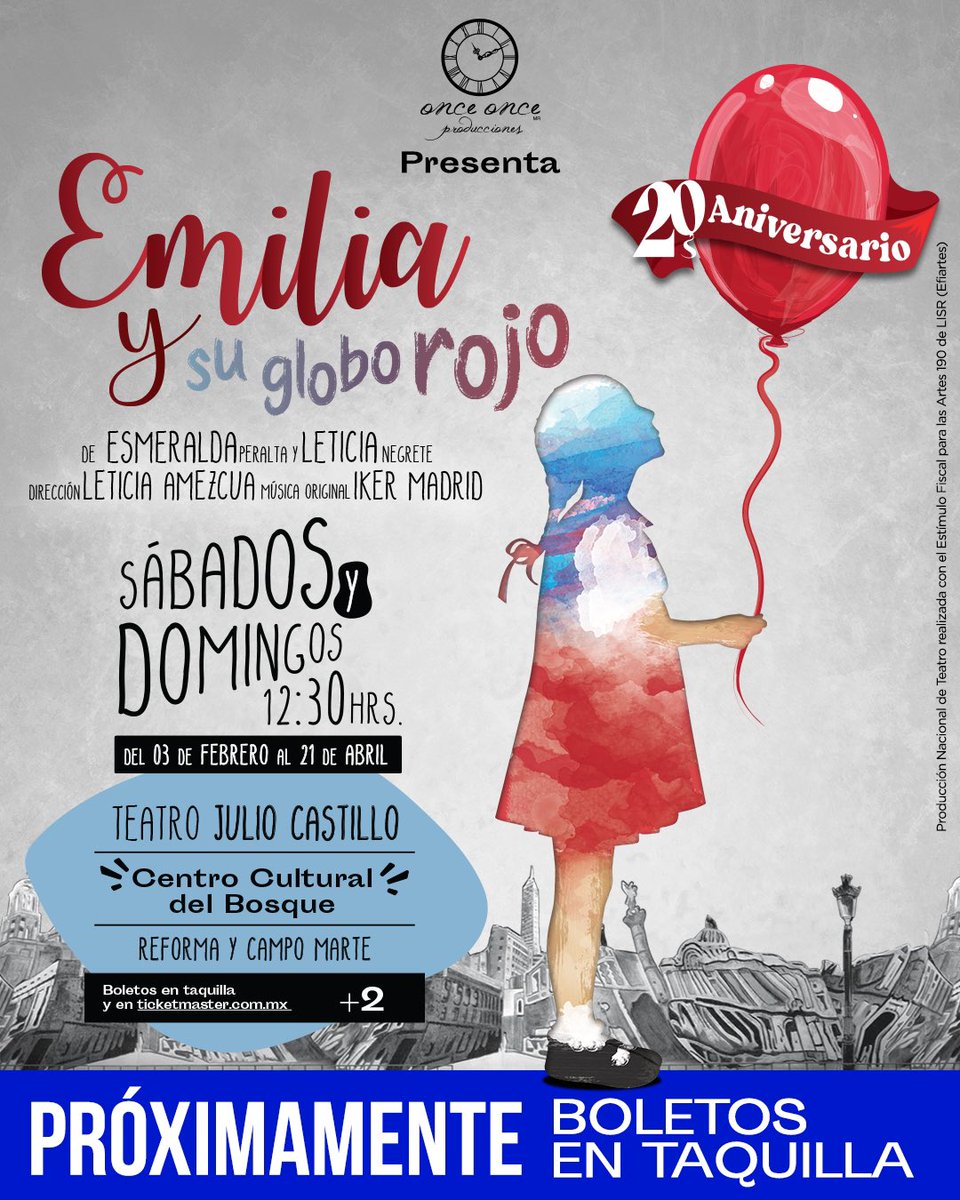 Estamos muy cerca de poder disfrutar la creación escénica nacional que ha cautivado a público de todas las edades: 

Emilia y su globo rojo, que además regresa para celebrar sus primeros 20 años. 🎈✨

#Teatroquenutre #próximamente