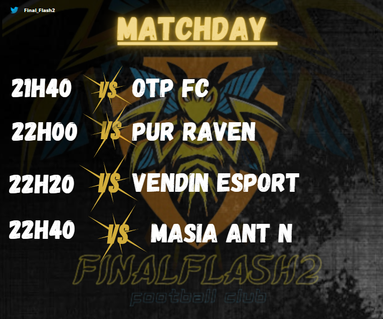 MATCHDAY ⚽️

<a href="/VPGFrance_/">VPG France</a> |

21H40 🆚 <a href="/OTPfifaCP/">oTp FC</a> 
22H00🆚 <a href="/PuRFIFARavenFR/">PuR Esport I FIFA</a> 
22H20🆚 <a href="/Vendin_Esport/">Vendin Esport</a> 
22H40🆚 <a href="/AntnMasia/">Ant-N-Masia</a> 

ce soir nos joueurs doivent prendre les premiers points après le revers subit hier soir !!! 

🎨: <a href="/LutchoWoff/">LutchoW_08</a>