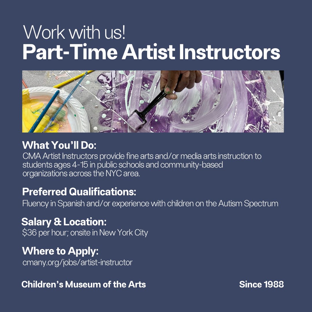 Join our team of kind, curious, and ambitious Artist Instructors for the spring 2024 semester! Educators who are fluent in Spanish and those with experience working with students on the Autism Spectrum are especially encouraged to apply.

Apply here: cmany.org/jobs/artist-in…