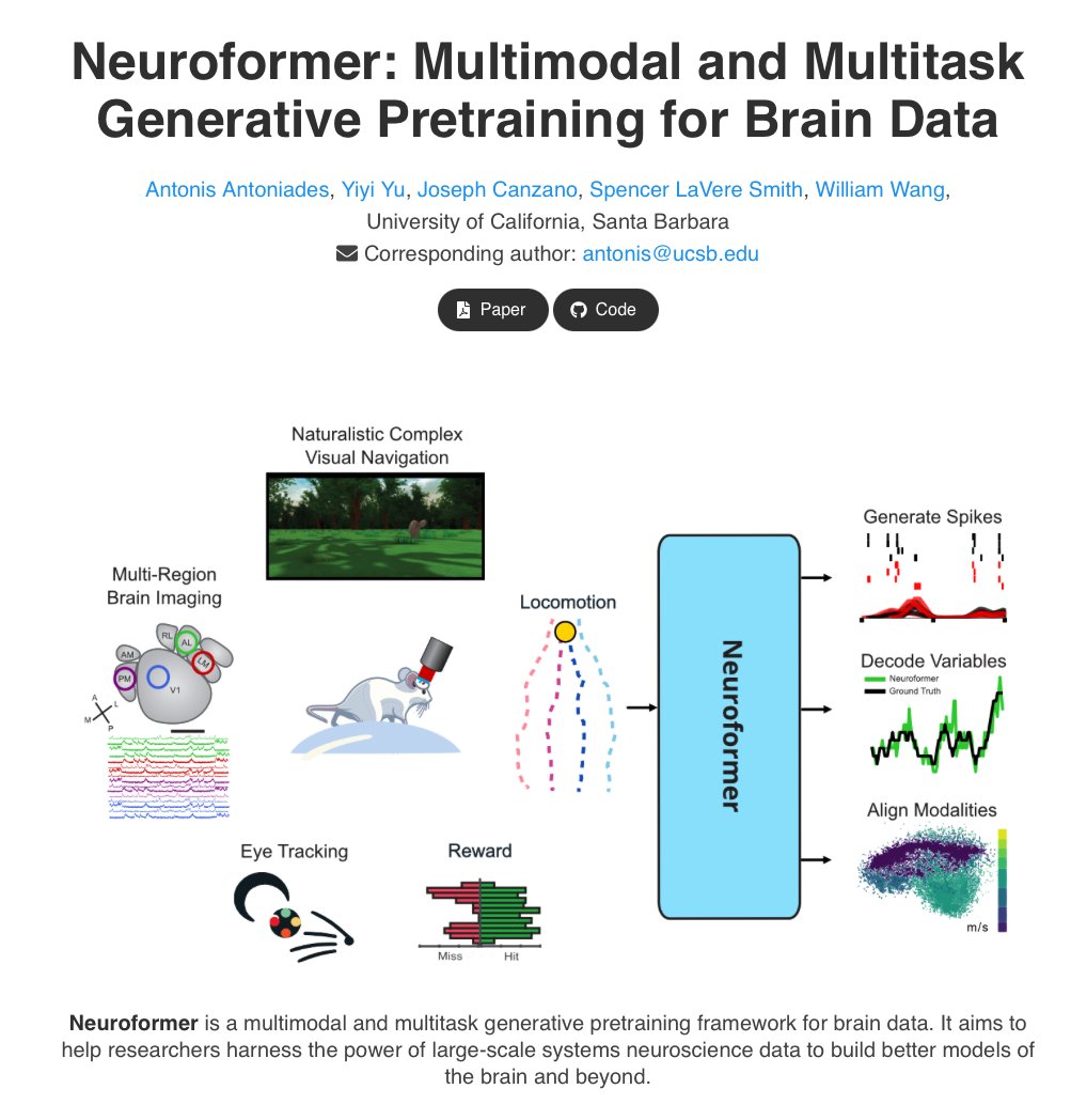 💻 LMs leveraging generative pretraining learn many diverse skills. 🧠 But what can GPTs trained on brain data learn to do? Introducing Neuroformer. A generative model pretrained on massively multimodal, multitask neuronal data! (ICLR 2024) 🧵
