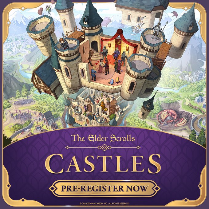 An image featuring numerous characters made up of all various races from Tamriel in a colorful cartoonish style in a large, multi-floor castle set in an expansive landscape with soldiers and a dragon outside. The text reads "The Elder Scrolls: Castles - Pre-register now!"