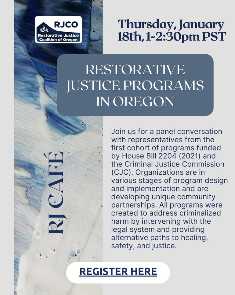 TJCoalitionOR's tweet photo. Tune in tomorrow for a virtual panel on restorative justice program in Oregon with community leaders working to provide meaningful pathways to healing, justice, and accountability beyond jails and prisons! RSVP at https://t.co/9HUScO9nMh https://t.co/4vSHnyWblc