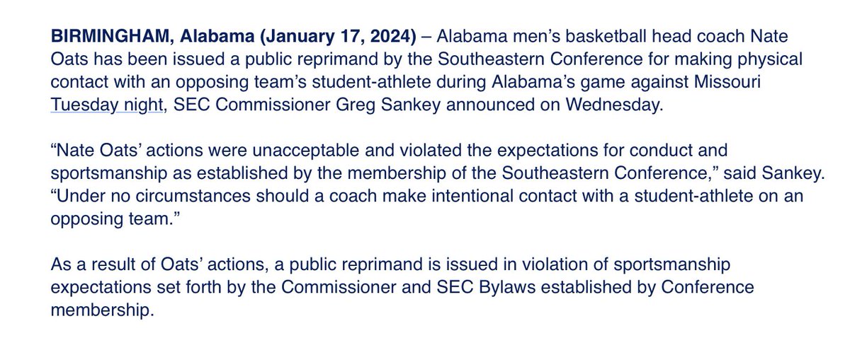Alabama basketball coach Nate Oats is reprimanded by the SEC for physical contact with a Missouri player.