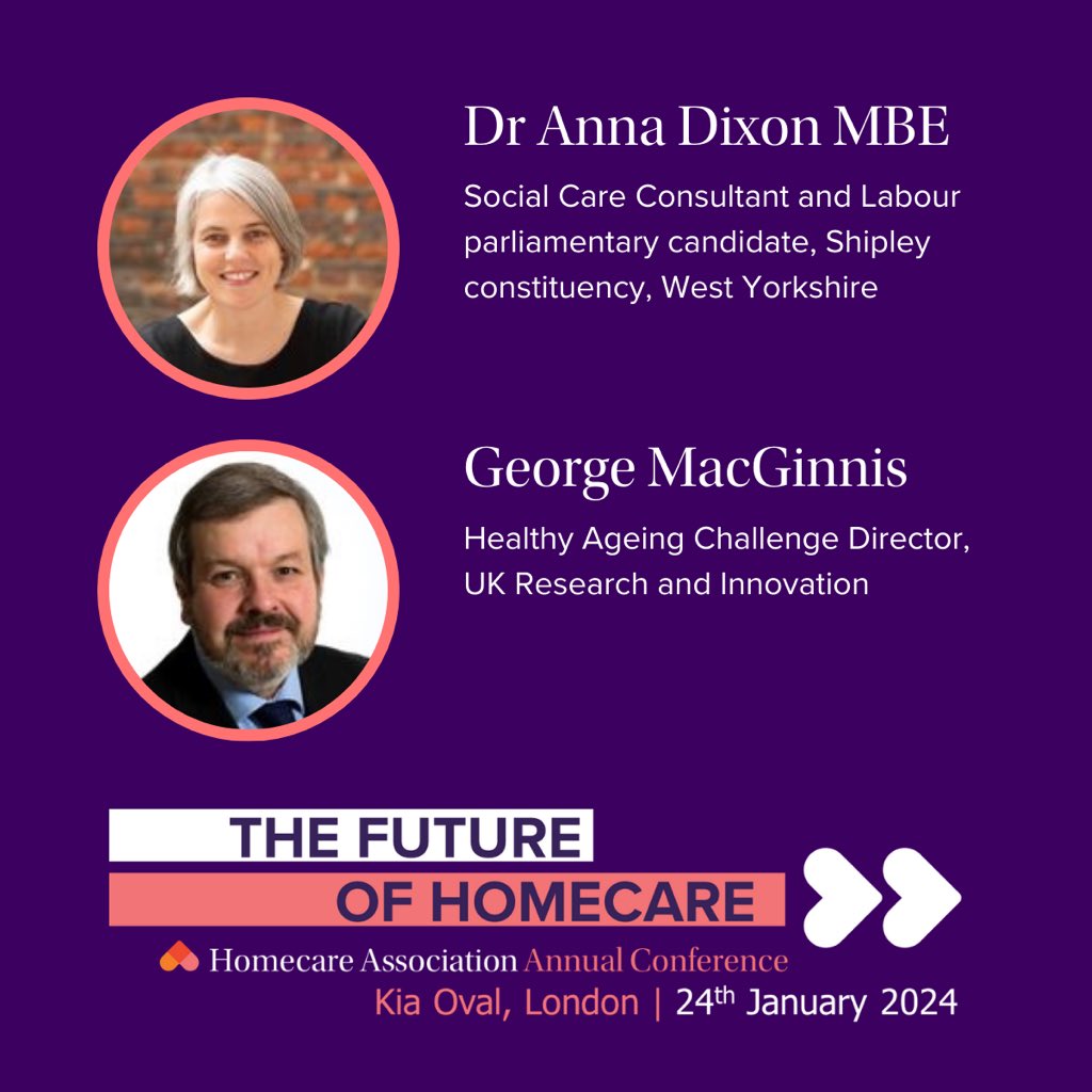 Only a week to go until our @homecareassn conference on the Future of Care. Looking forward to stimulating talks from @DrAnnaDixon on influencing the political agenda on social care & George MacGinnis @UKRI_News on innovation to support healthy ageing. homecareassociation.org.uk/trainingandeve…