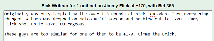 SubliminalMMA's tweet image. We back. First UFC bet of 2024.

1u Jimmy Flick +170 

#UFC297