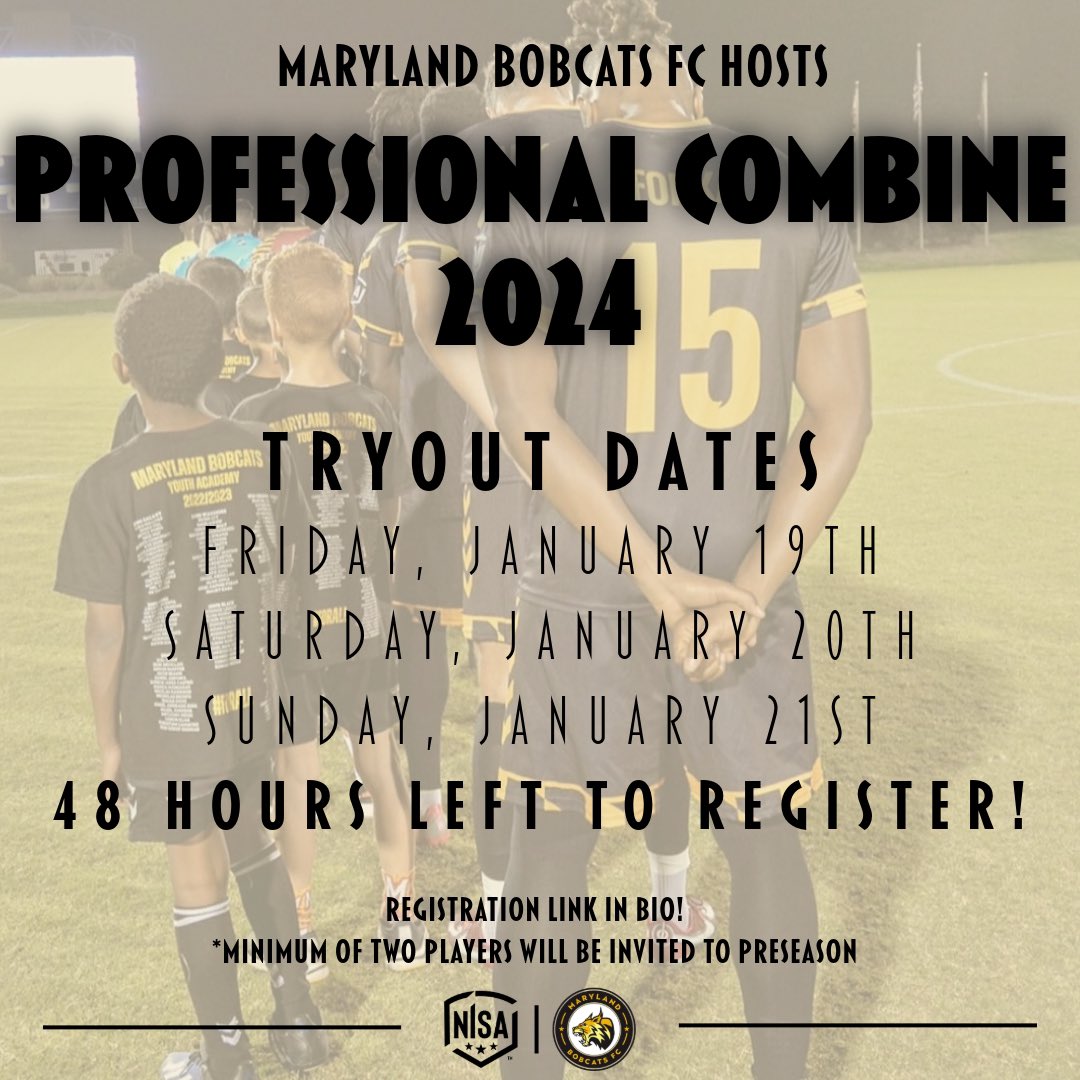 MDBobcatsFC's tweet image. 48 hours left ⏳

Only 48 hours left to seize your chance! Don’t miss out on the Maryland Bobcats DC 2024 Combine starting this Friday. Limited spots available. Sign up now and get ready to showcase your skills! 🌟

#ProCombine #NISA #MarylandSoccer