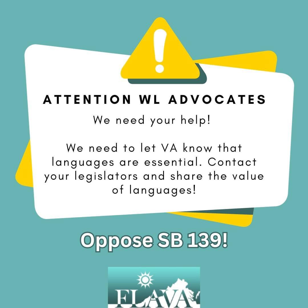 Heidi Trude (@htrude07) on Twitter photo SB 139 will be heard on 1/18. Contact these Senators now! Employers of CTE grads need folks with world language skills! WL skills are career skills!
votervoice.net/JNCL/campaigns…
#langchat <a href="/FLAVAWeb/">FLAVA</a> <a href="/_SCOLT_/">SCOLT 🌎</a> <a href="/NECTFL/">NECTFL</a> <a href="/actfl/">ACTFL</a> <a href="/JNCLInfo/">Joint National Committee for Languages</a> <a href="/AdvocacyFlava/">FLAVA_Advocacy</a> <a href="/DualLanguageVA/">VADLEN</a> <a href="/GlobalVirginia/">Global Virginia</a> SB 139 will be heard on 1/18. Contact these Senators now! Employers of CTE grads need folks with world language skills! WL skills are career skills!
votervoice.net/JNCL/campaigns…
#langchat <a href="/FLAVAWeb/">FLAVA</a> <a href="/_SCOLT_/">SCOLT 🌎</a> <a href="/NECTFL/">NECTFL</a> <a href="/actfl/">ACTFL</a> <a href="/JNCLInfo/">Joint National Committee for Languages</a> <a href="/AdvocacyFlava/">FLAVA_Advocacy</a> <a href="/DualLanguageVA/">VADLEN</a> <a href="/GlobalVirginia/">Global Virginia</a>