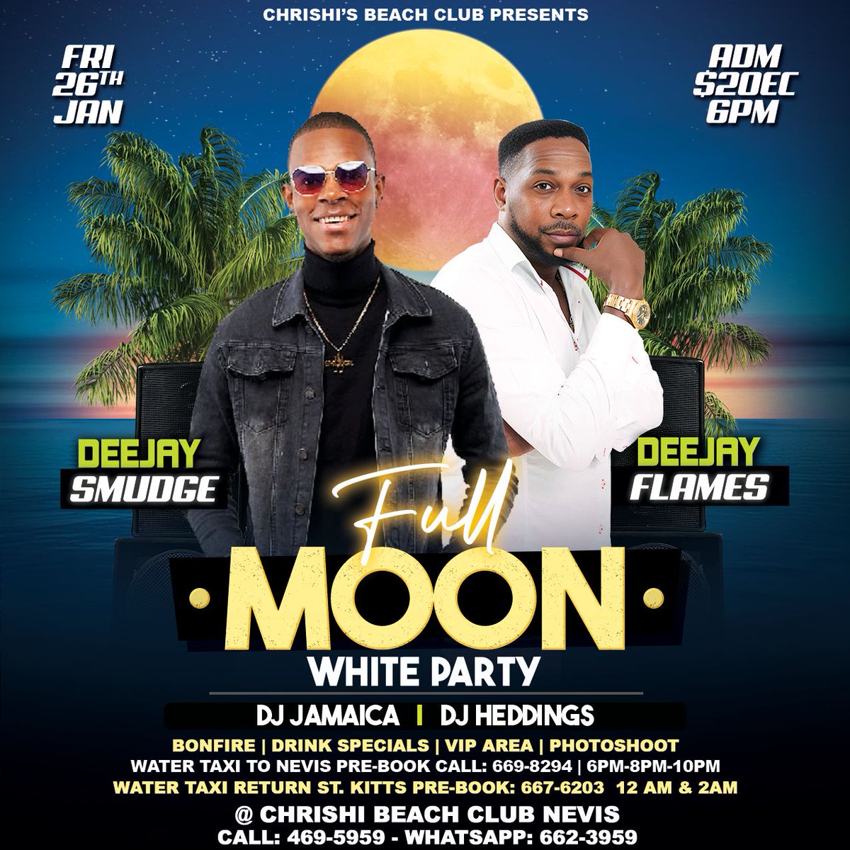 This January 26th, DEEJAY SMUDGE will be live @chrishibeachclub for my very first FULLMOON ALL WHITE PARTY alongside @deejay_flames, Dj Jamaica &amp; Dj Heddings. There will be lots of food &amp; Drink Specials, a Fully Decorated Beach, Photoshoot Bonfire, VIP &amp; Bottle service areas.