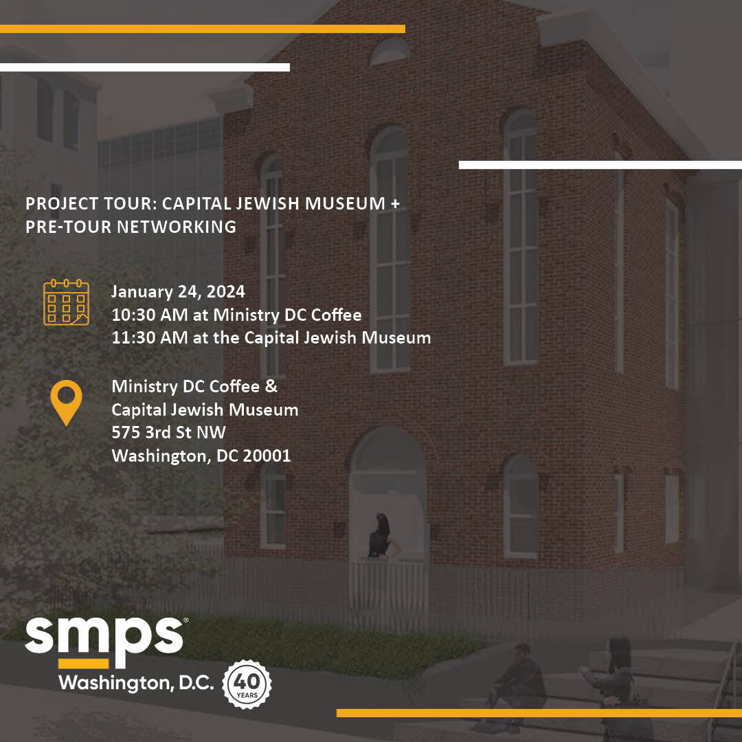 🚨PROJECT TOUR 🚨Capital Jewish Museum + Pre-Tour Networking 🏗️

Join us for pre-tour networking at Ministry DC Coffee followed by a behind-the-scenes project tour of the new Capital Jewish Museum!

1/24 10:30 - 12:30PM
Register: smpsdc.org/meetinginfo.ph…