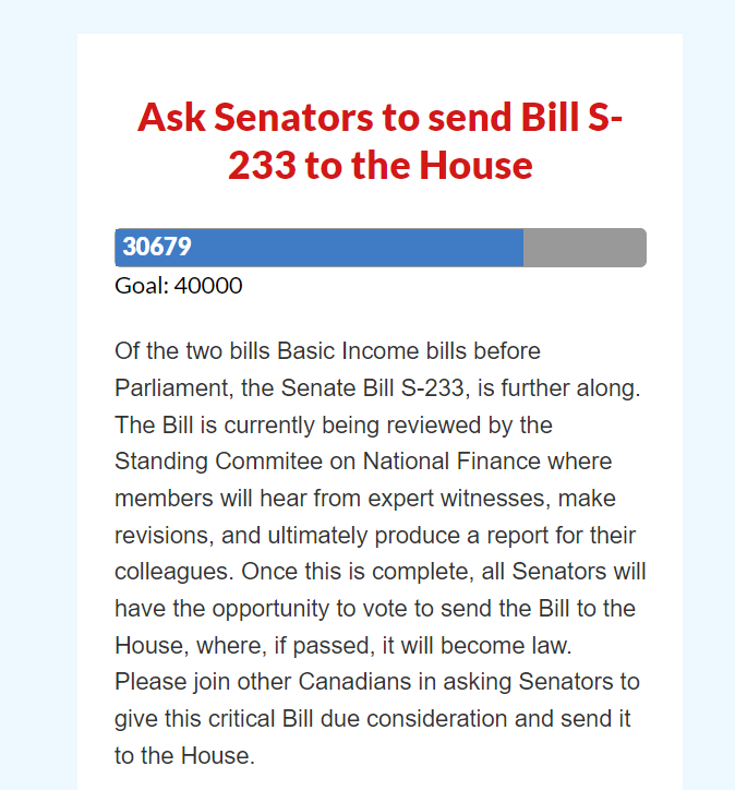 ubi_works's tweet image. We just passed 30,000 emails sent to Canada's Senators by Canadians in every riding who support Bill #S223 for a Guaranteed Livable Basic Income.

The evidence is clear: basic income reduces poverty while supporting working Canadians and growing the economy more than it costs.