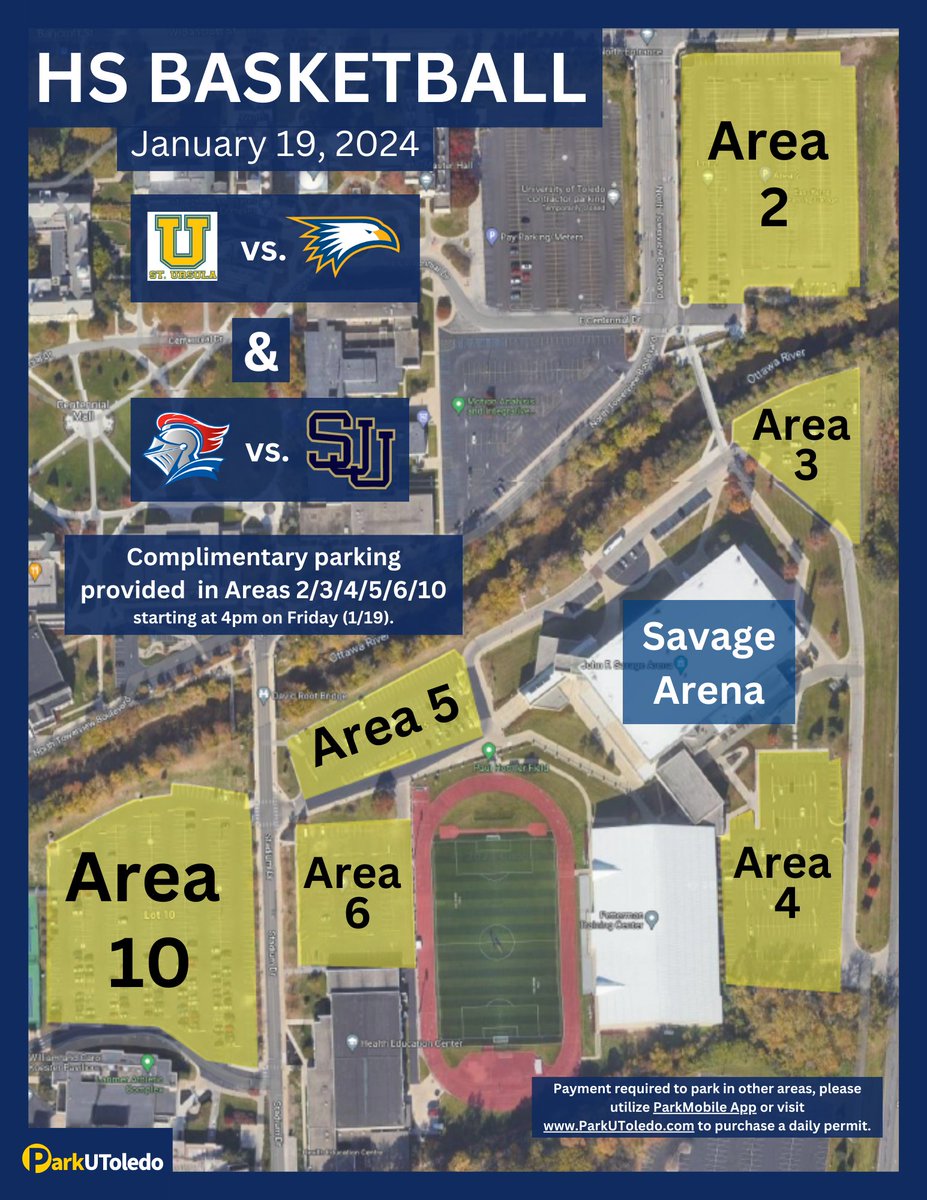 HS BBALL AT SAVAGE ARENA

Savage Arena will host two high school basketball games on Friday, Jan. 19th.

Spectators may park in Areas 2, 3, 4, 5, 6 & 10 starting at 4pm.

Parking in other areas requires payment via ParkMobile App or parkutoledo.com.