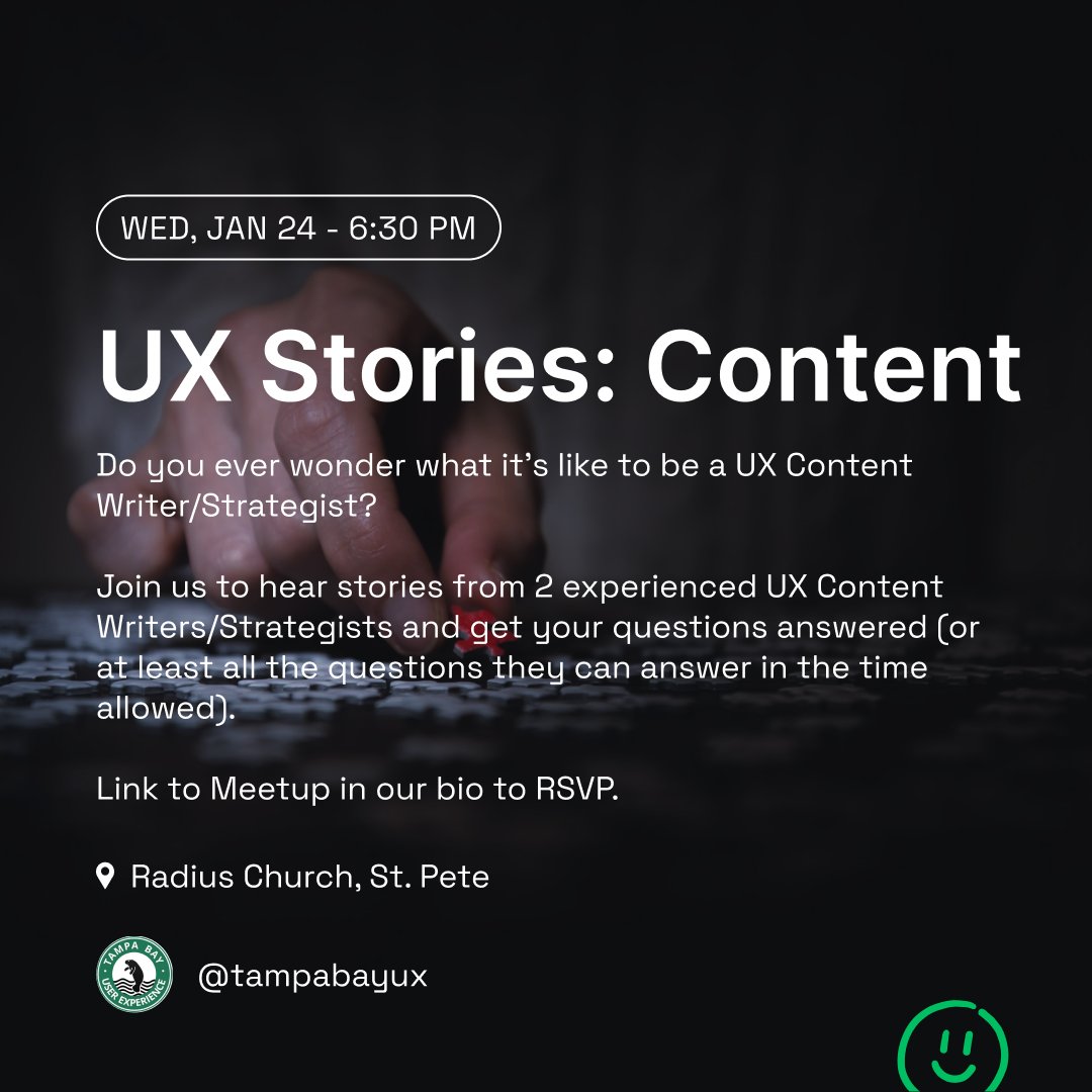 Just one week to go until our next in-person meetup. I look forward to learning more about UX Content and hearing what questions you all have for our panelists.

#tbux #uxmeetup #tbuxmeetup #tampabaymeetup #stpetemeetup #uxcontent #uxcontentstrategy #uxstories