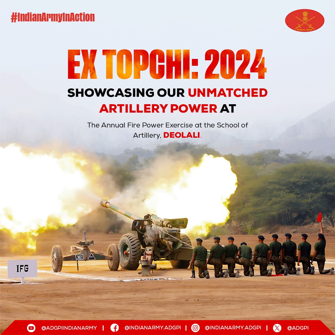 DDIndialive's tweet photo. Ever Ready for War’
Visuals of Annual Fire Power Exercise #TOPCHI 2024, conducted at School of Artillery, #Deolali. Intricate drills in delivering effective firepower by lethal Gun Platforms showcased. Integrated employment of firepower and surveillance assets validated.
#IndianArmy
@adgpi