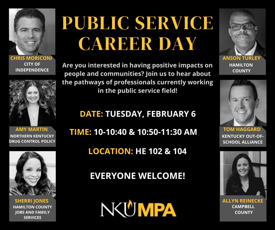 Join us on Tuesday, February 6, to hear about the pathways of NKU MPA professionals currently working in the public sector field

All majors welcome! Coffee and donuts will be served. No RSVP needed but feel free to email Missy Gish at gishm@nku.edu with any questions!