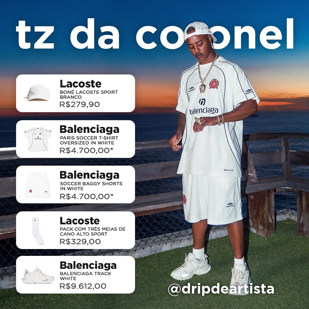 Drip Tz da Coronel de Balenciaga no Podpah, conjunto que foi lançado essa semana estampa o nome “Ipanema” nas costas.