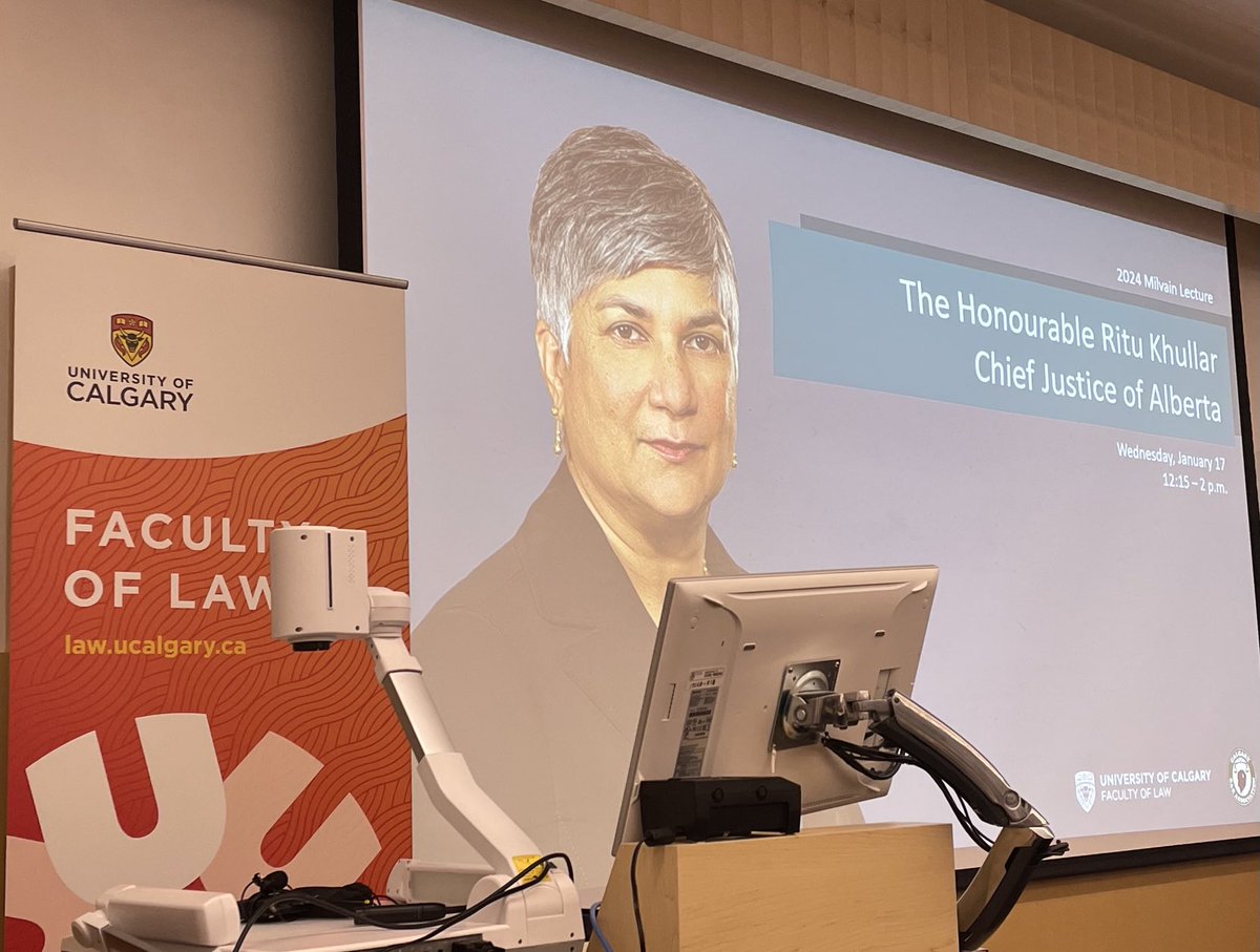 LawProfHolloway's tweet photo. It’s an honour to welcome the Hon Ritu Khullar, the Chief Justice of Alberta, as the 2024 Milvain Chair at ⁦the University of Calgary⁩. The Milvain Chair is a wonderful - and unique in Canada! - joint venture between ⁦@UCalgaryLaw⁩ and the ⁦@Calgarybarassoc⁩. https://t.co/4XhRDqdcWa