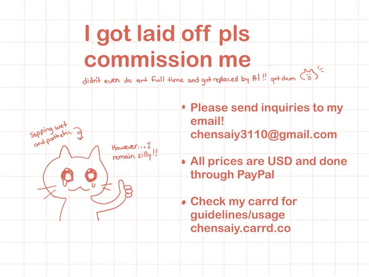chensaiy's tweet image. [RTs/Shares appreciated!!]
Good afternoon. This year has gotten so silly with me that it decided to be EVEN SILLIER and I got laid off from my full time 🥹🤙 
While I’m looking for other work please consider commissioning me! Examples/prices will be listed below

Tysm!! ❤️