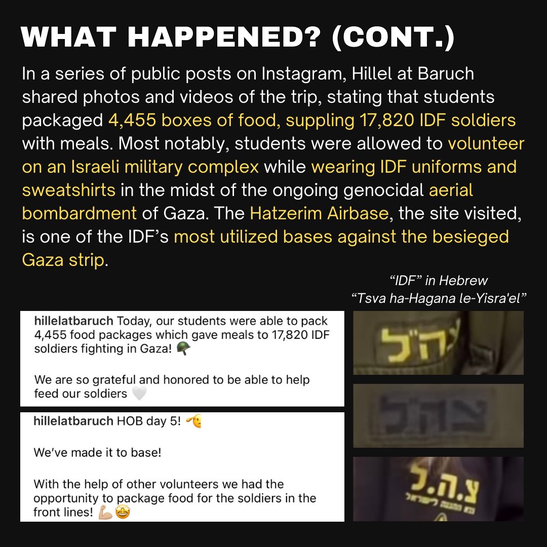 NYC Jewish students oppose the Hillel on Base trip taken by several CUNY colleges, Pace University, School of Visual Arts, Fordham University, SUNY Fashion Institute of Technology, and The New School students as a part of the Hillel at Baruch chapter of Hillel International.