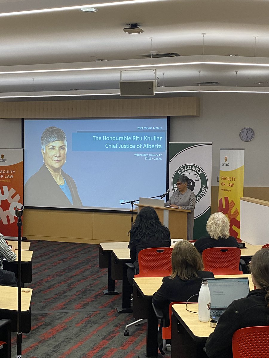 UCalgaryLaw's tweet photo. It’s an honour to have Honourable Ritu Khullar, Chief Justice of Alberta, at UCalgary Law to deliver the annual Milvain Lecture in Advocacy today! Thanks to @Calgarybarassoc for their ongoing support of this event, a wonderful learning opportunity for students! @LawDeanHolloway https://t.co/Vr8dRYarjw