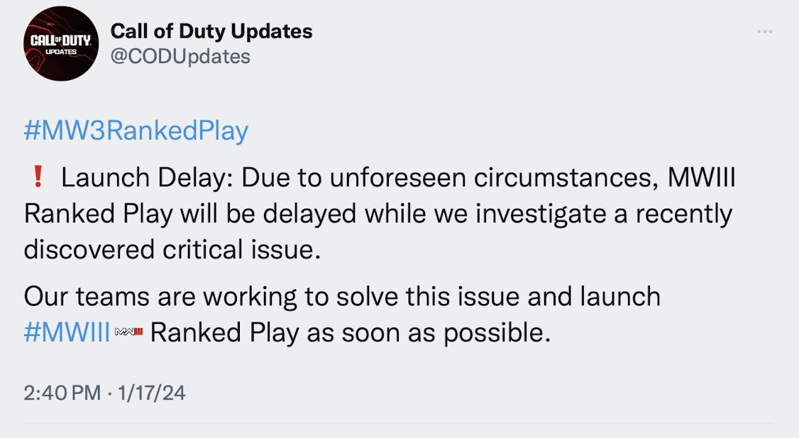 charlieINTEL's tweet image. Breaking: MW3 MP Ranked Play launch is DELAYED 

No new launch date has been announced