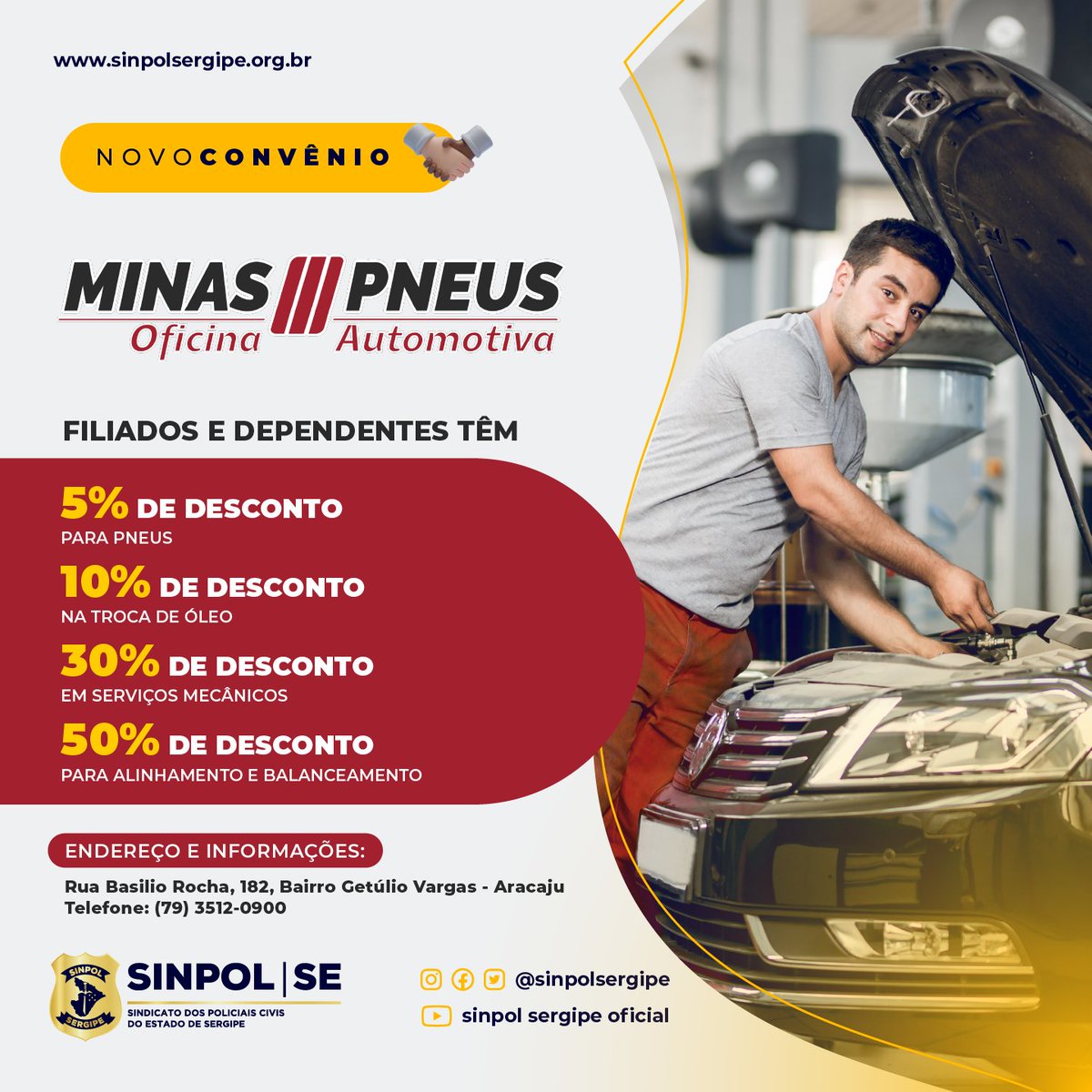 sinpolsergipe's tweet photo. 🛞 O Sinpol/SE firma mais um convênio, dessa vez em parceria com a Minas Pneus. Agora, os cuidados necessários para o automóvel dos filiados e dependentes ganham uma opção com vantagens e descontos que podem chegar até 50%. https://t.co/xgVMGKLPtI