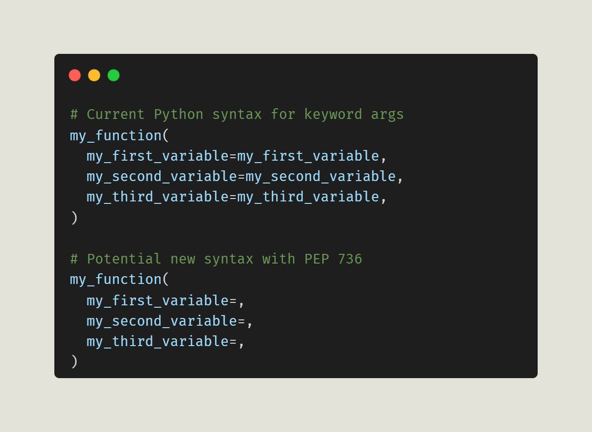 driscollis's tweet image. There's some new #Python syntax being debated in PEP 736 – Shorthand syntax for keyword arguments at invocation
What do you think?