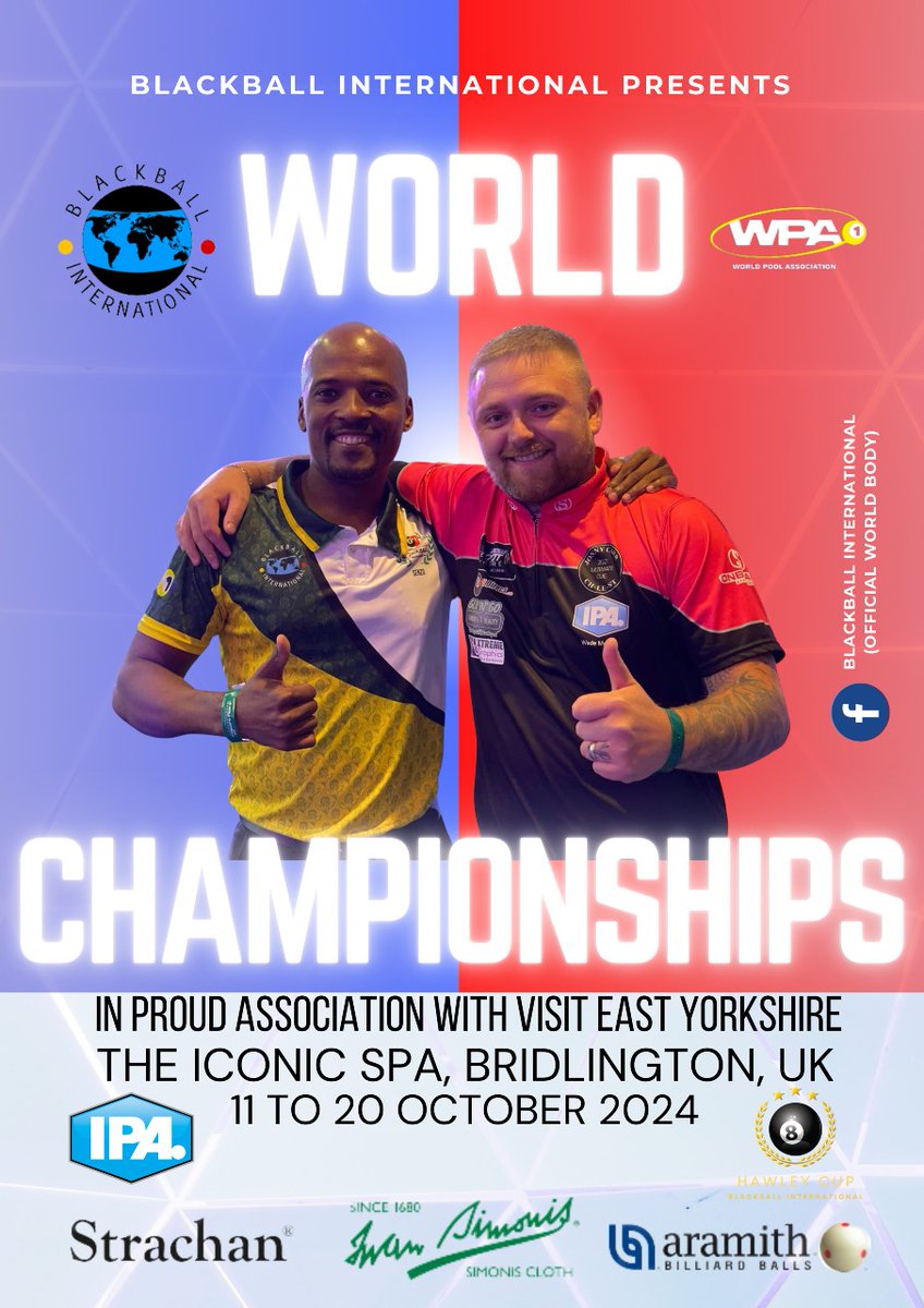 ebapool's tweet image. The World Blackball Championships and the Hawley Cup will be held in Bridlington, England in October 2024.
These events are sanctioned and endorsed by the World Pool-Billiards Association (WPA) and affiliated sports organisations worldwide.
#blackballpool #blackball #pool
#Europe