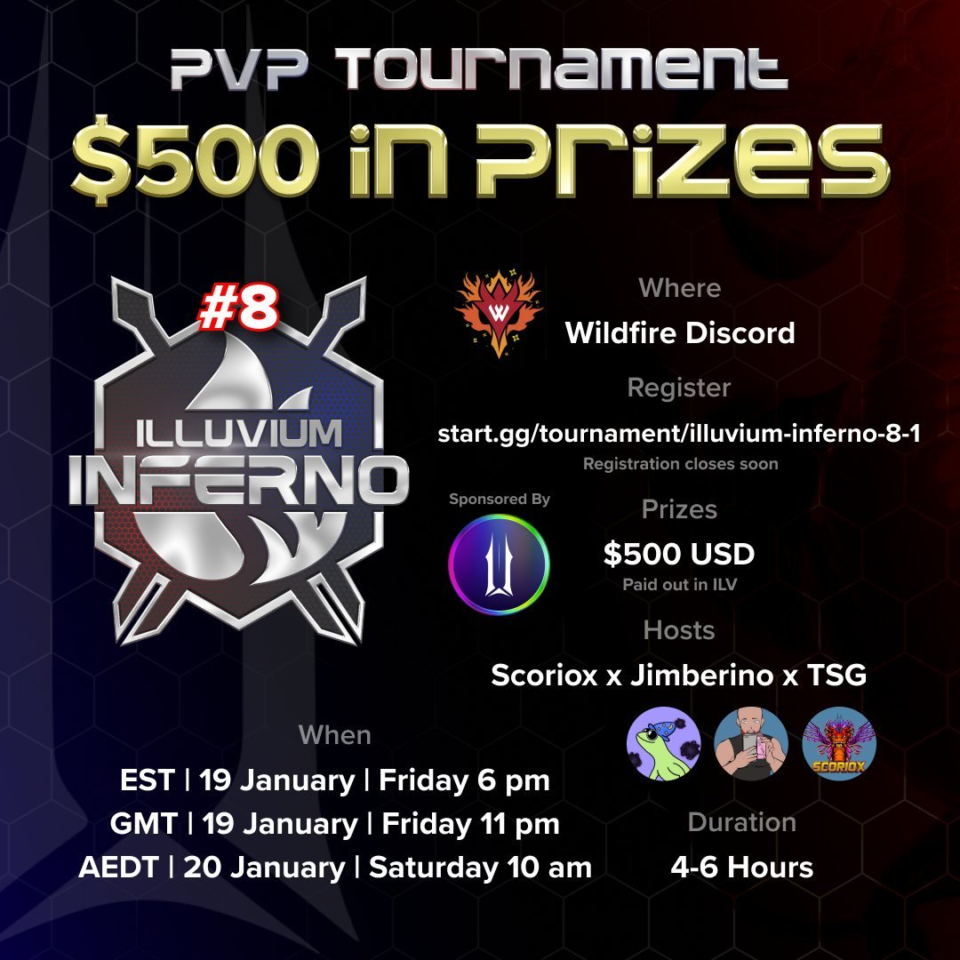 🚨Illuvium Inferno 8 registrations are open and FREE🚨

See if you have what it takes to beat the best players <a href="/illuviumio/">Illuvium</a> has to offer! If you're more of a 👀watcher👀 it will be live on <a href="/kingscoriox/">Scoriox 🌿🔥</a> YouTube channel on 1/19/24 at 6pm EST 😉👌

Sign up: start.gg/tournament/ill…