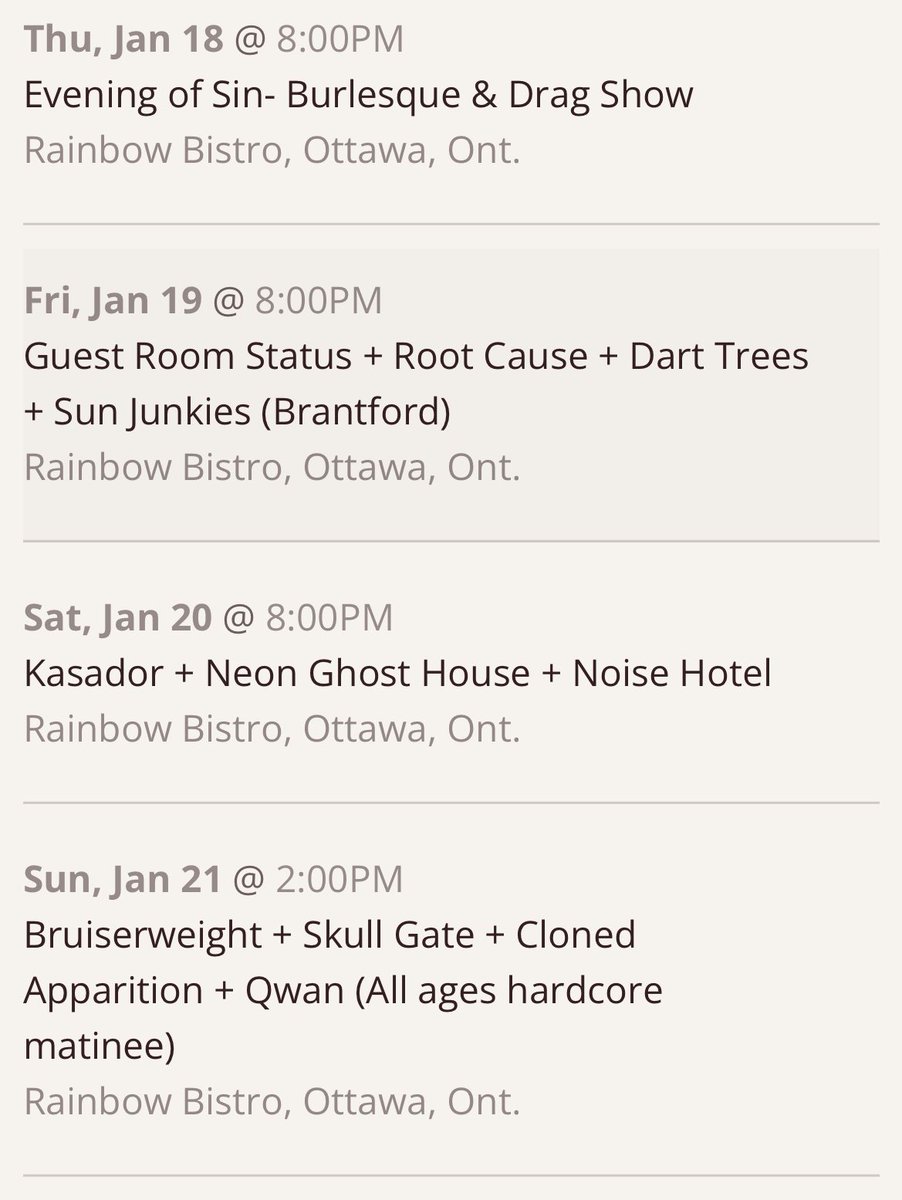 That’s quite the weekend at the @RainbowBistro 🎵 four very different shows! It’s remarkable variety—Ottawa’s live music spaces are important to so many artists 🌈 #ottmusic
