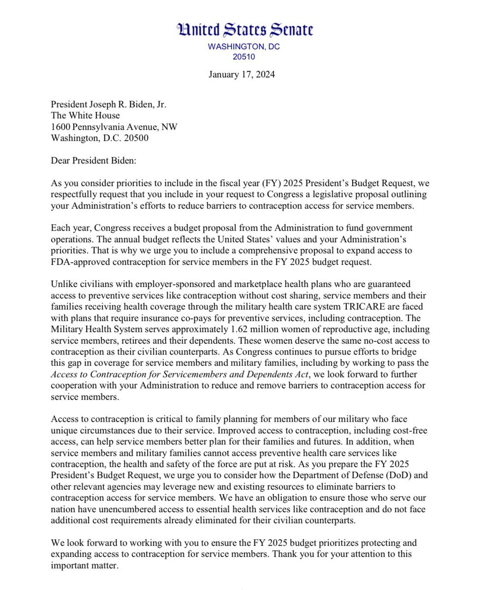 More than 1.6 million women in the military are of reproductive age and they all deserve the same no-copay contraception as their civilian counterparts.   @SenatorCollins and I wrote to @POTUS to address this disparity and increase access to contraception for service members.