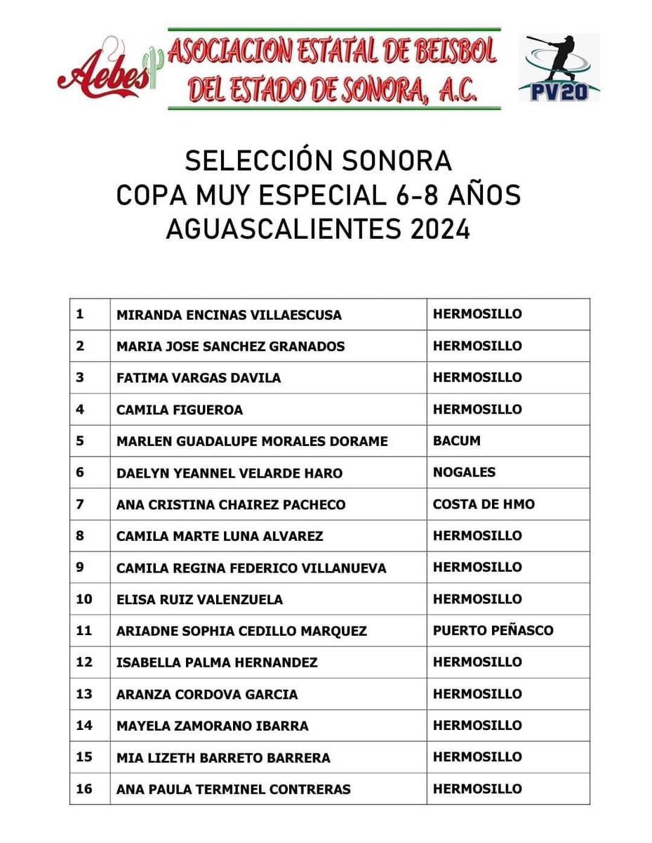 AEBES y la Fundación PV20 dieron a conocer a las niñas seleccionadas para representar al estado de Sonora en la primera edición de Una Copa Muy Especial en las categorías 6-8 años y 9-11 años.

El torneo se realizará del 14 al 18 de febrero en Aguascalientes ⚾️🎀