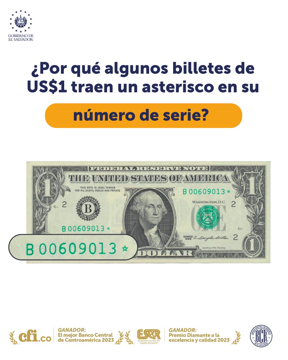bcr_sv's tweet photo. El asterisco o estrella ubicada al final del número de serie en los billetes de US$1 es para identificar que ese billete está sustituyendo a otro con desperfectos de impresión 👈. 

💸 Su valor no cambia, es decir que sigue valiendo US$1. https://t.co/tFJ7xkRSam