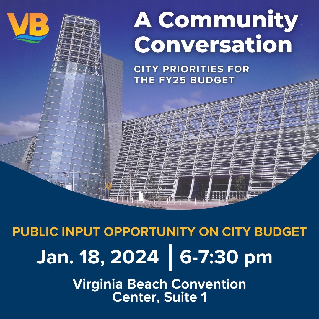 REMINDER: Please join the City of Virginia Beach for a facilitated group discussion with residents about community priorities and the City’s fiscal year 2025 budget. Learn more at bit.ly/3H4YGH1. To view the budget process calendar, visit bit.ly/3H7DaRY.