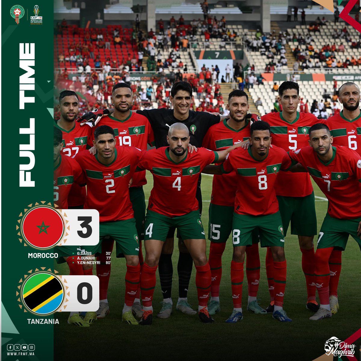 Salso_Dram's tweet photo. Pour rappel, depuis de le début de cette CAN 2023, le Maroc est le seul pays du Maghreb à avoir gagné son match. 

✅ Maroc 🇲🇦  3 🆚  0 🇹🇿 Tanzanie 

🔄 Egypte 🇪🇬 2 🆚 2 🇲🇿 Mozambique 

🔄 Algérie 🇩🇿 1  🆚 1 🇦🇴 Angola 

❌ Tunisie 🇹🇳 0 🆚 1 🇳🇦 Namibie 

#TotalEnergiesAFCON2023 https://t.co/xNyyXv3KeY
