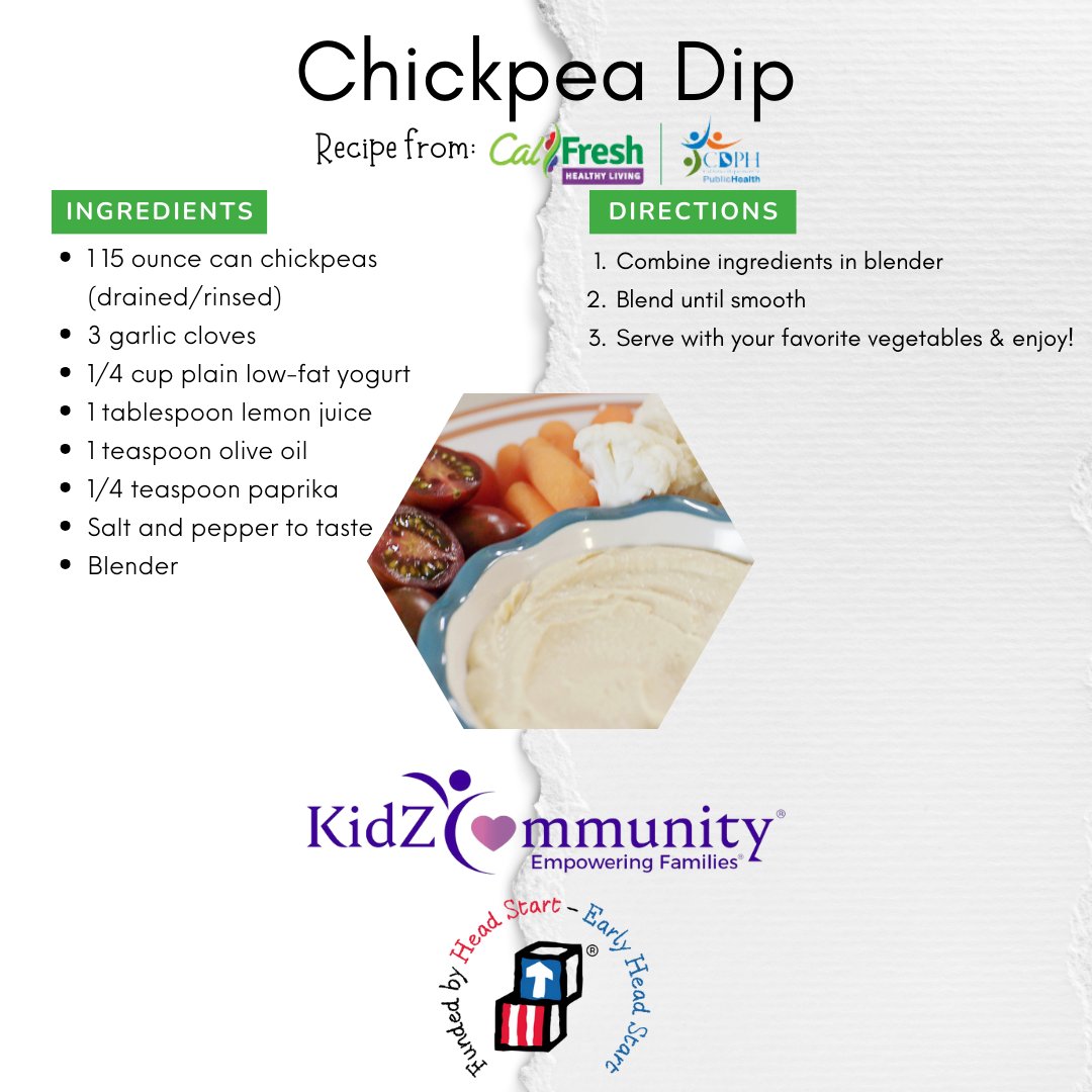 #KidZCommunity #MenuMonday - Try this chickpea dip recipe from #CalFreshHealthyLiving 

#HeadStart #EarlyHeadStart #EarlyLearning #EmpoweringFamilies #GetAHeadStart #ComeEatWithUs #NowHiring #NowEnrolling #PlacerCounty #NevadaCounty