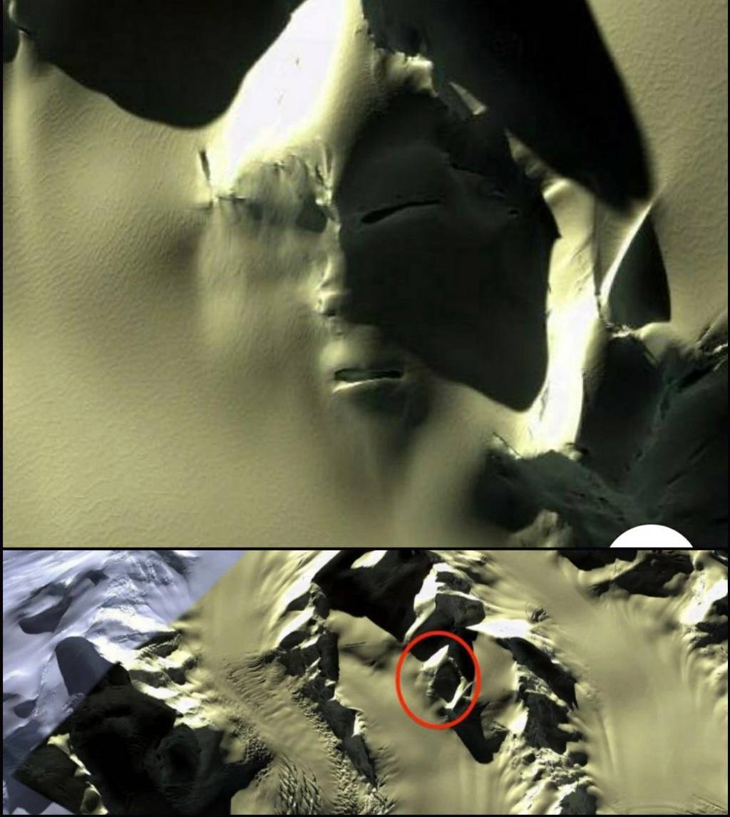 andtartary2's tweet photo. Because of global warming, Antarctica reveals the secrets stored in its snow. On the surface of Antarctica, the melting ice revealed a huge face. The sight has caused indescribable excitement. This face looks like a huge ancient sculpture, not previously shown on Google Earth maps.

And indeed in this picture we can see the clear contours of one eye, nose and mouth. Many people say that this picture is an ancient artifact. There are also skeptics who argue that such a drawing could have been made by the winds, because nature is one of the best https://t.co/Bz952LMCLM is it natural or artificial?

By the way, you can see for yourself that there really is a face. Just go to these coordinates.

72°00'36.2 "S 168°34'46.2 "E.