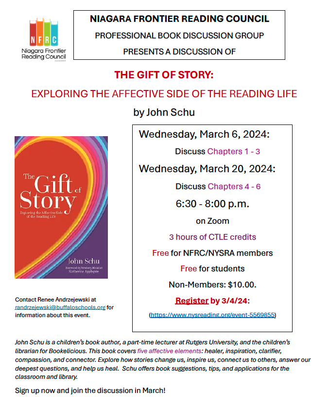 Join us for a discussion of The Gift of Story by John Schu. 🎁📘 We'll discuss Chapters 1-3 on March 6 and Chapters 4-6 on March 20. Earn 3 hours of CTLE credits.3⃣ Sessions will be 6:30-8:00 PM on Zoom. 💻

Register by March 4: nysreading.org/event-5569855