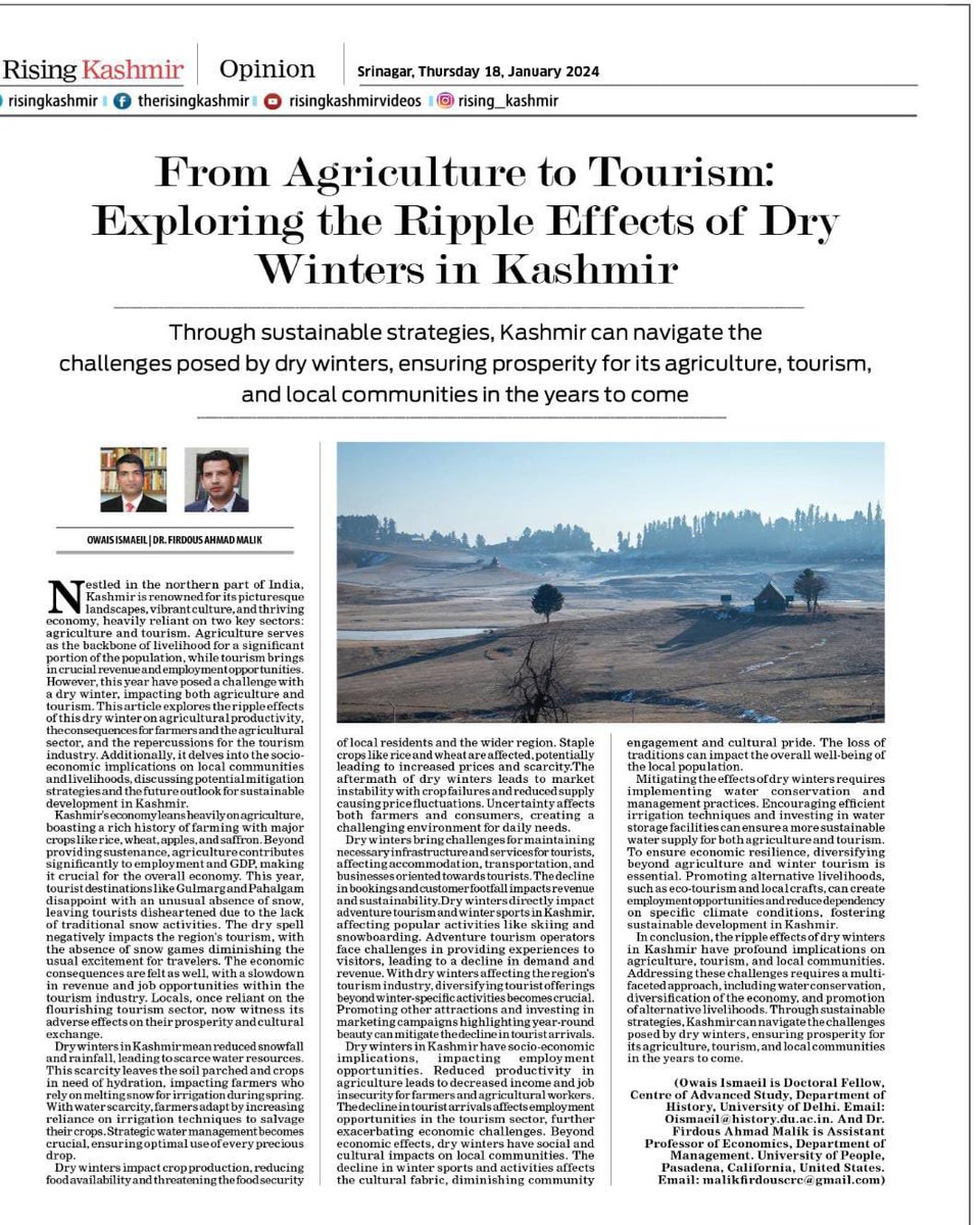 malikfirdouscr1's tweet photo. Thrillled to share our write-up "From Agriculture to Tourism:Exploring the Ripple Effects of Dry Winters in Kashmir"
@OwaisIsmaeil
@RisingKashmir
https://t.co/10cWKUBVGw
#Drywinter
#Kashmir
#jammuandkashmir
#economy2023 #Climatechange
#environmentalsustainability https://t.co/xCgluIwbEQ